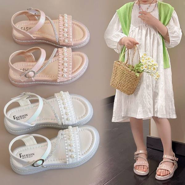 Детски сандали с перли в розов и бял цвят 