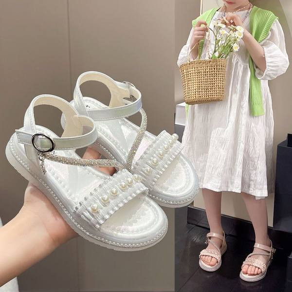 Детски сандали с перли в розов и бял цвят 
