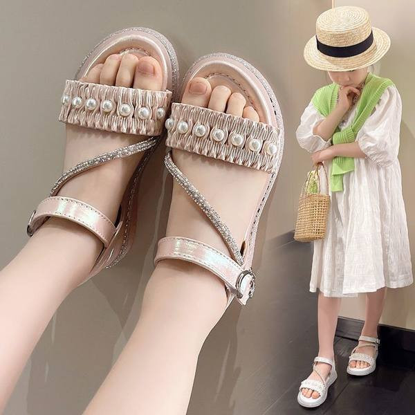 Детски сандали с перли в розов и бял цвят 