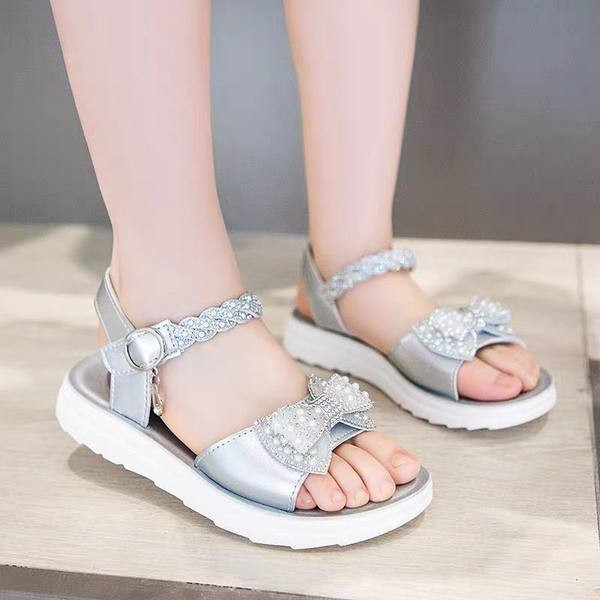 Стилни сандали за момичета с равна подметка камъни и перли