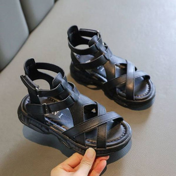 Модерни детски сандали с кожени каишки -черен и бял цвят