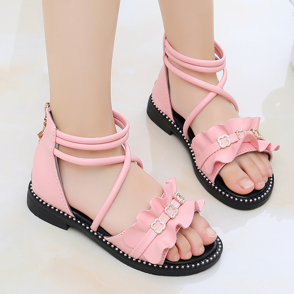 Детски кожени сандали с камъни в два цвята