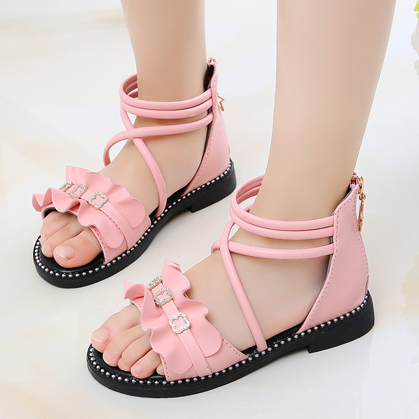 Детски кожени сандали с камъни в два цвята