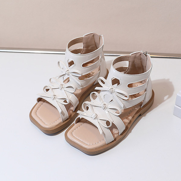 Кожени сандали за момичета с панделка и закопчаване с цип