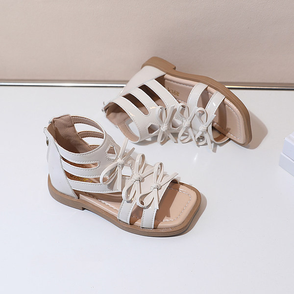 Кожени сандали за момичета с панделка и закопчаване с цип