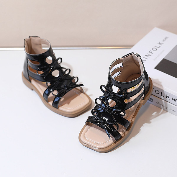 Кожени сандали за момичета с панделка и закопчаване с цип