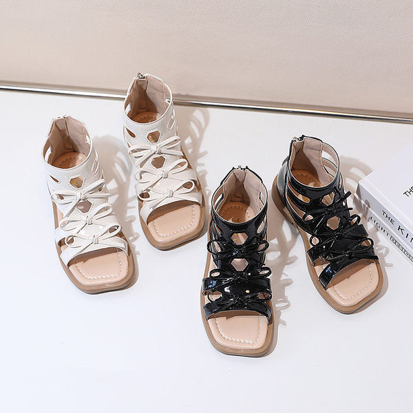 Кожени сандали за момичета с панделка и закопчаване с цип