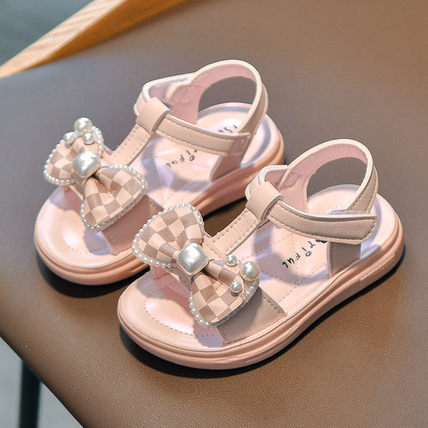Сандали за момичета с равна подметка перли и  велкро закопчаване
