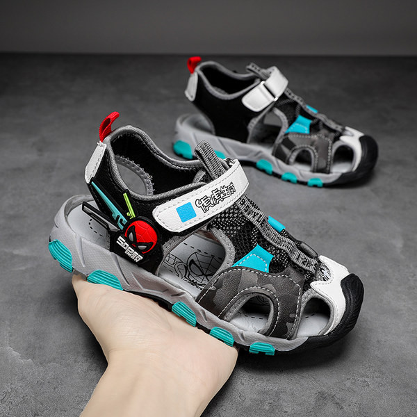 Детски сандали с лепенки - черен и сив цвят 