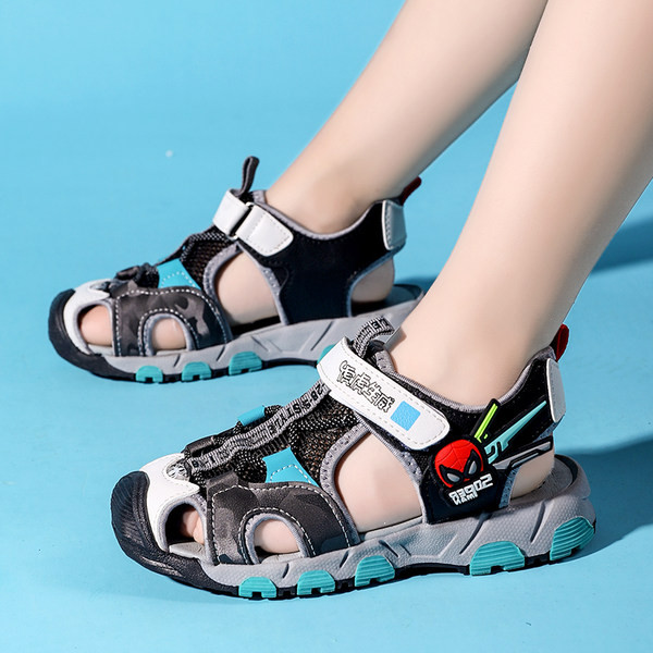 Детски сандали с лепенки - черен и сив цвят 