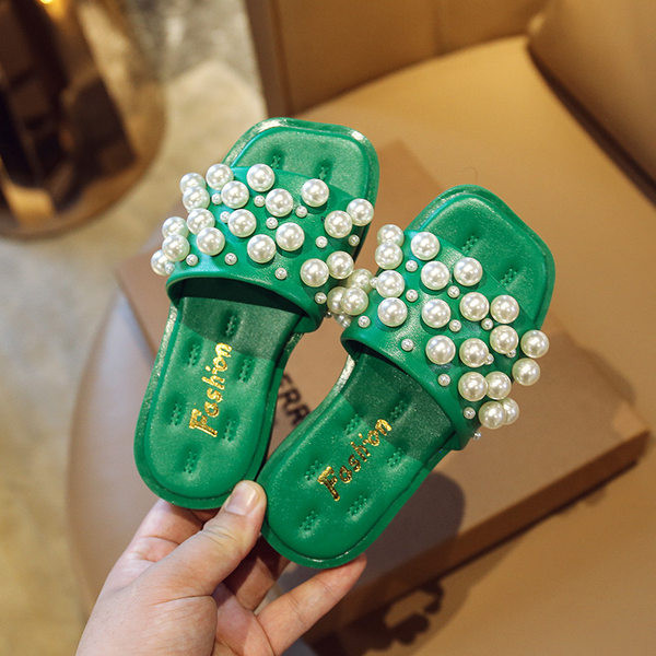 Κομψές παιδικές παντόφλες για κορίτσια με διακόσμηση με πέρλες