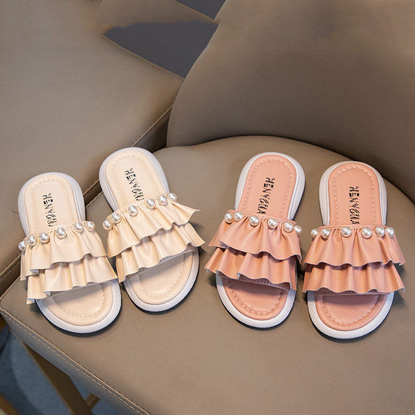 Casual παιδικές παντόφλες από οικολογικό δέρμα με πέρλες