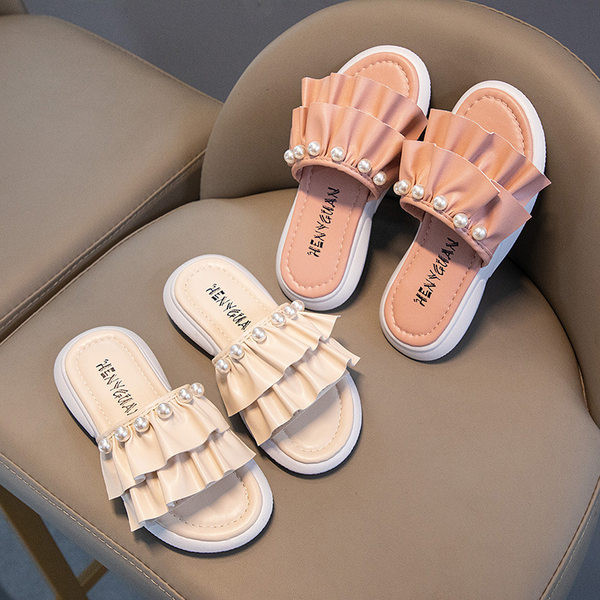 Casual παιδικές παντόφλες από οικολογικό δέρμα με πέρλες