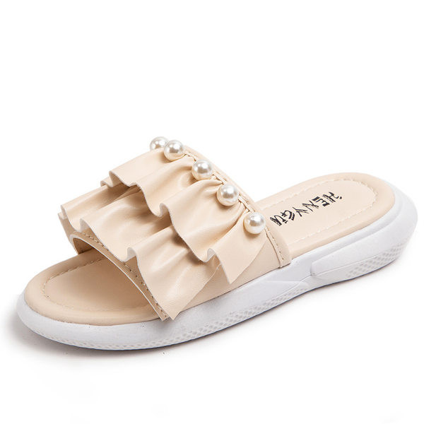 Casual παιδικές παντόφλες από οικολογικό δέρμα με πέρλες