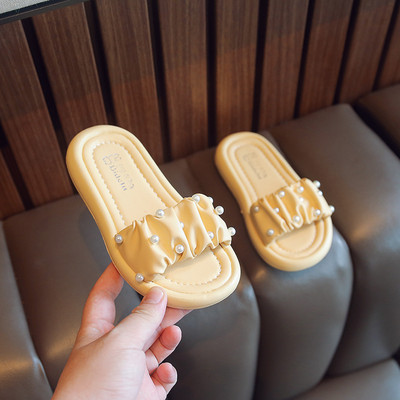 Casual παιδικές δερμάτινες παντόφλες με πέρλες για κορίτσια