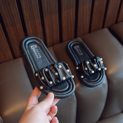 Casual παιδικές δερμάτινες παντόφλες με πέρλες για κορίτσια