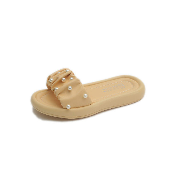 Casual παιδικές δερμάτινες παντόφλες με πέρλες για κορίτσια