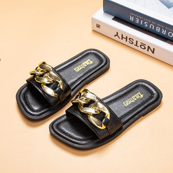 Négyzet alakú bőr papucs lányoknak és fémlánc