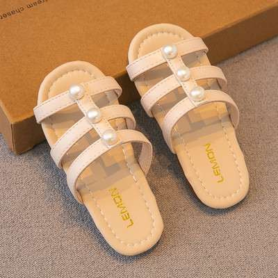 Παντόφλες για κορίτσια από οικολογικό δέρμα με διακόσμηση με πέρλες