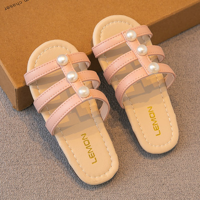 Παντόφλες για κορίτσια από οικολογικό δέρμα με διακόσμηση με πέρλες