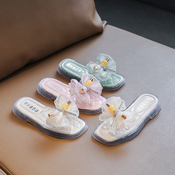 Детски чехли с панделка и камъни в три цвята