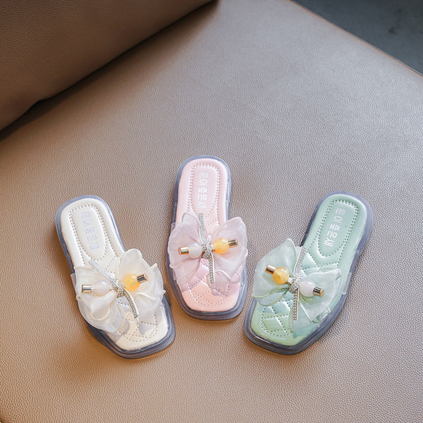 Детски чехли с панделка и камъни в три цвята