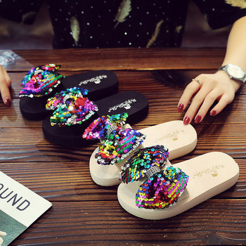 Модерни чехли за момичета с панделка и декорация пайети и камъни