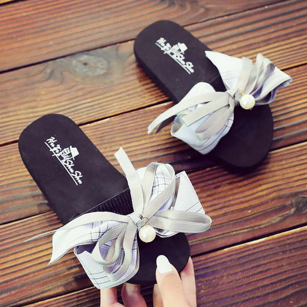 Детски чехли с панделка и декоративна перла