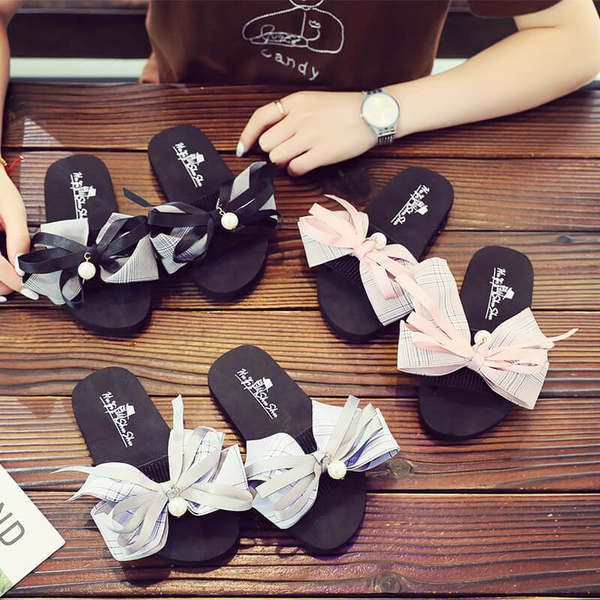 Детски чехли с панделка и декоративна перла