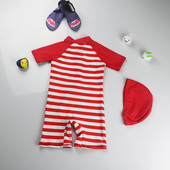 Csíkos fürdőruha piros színben