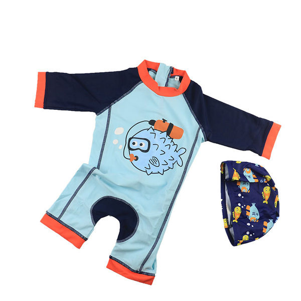 Egy egész gyerek fürdőruha fiúknak kék színben