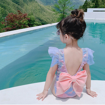 Детски бански костюм с панделка и гол гръб 