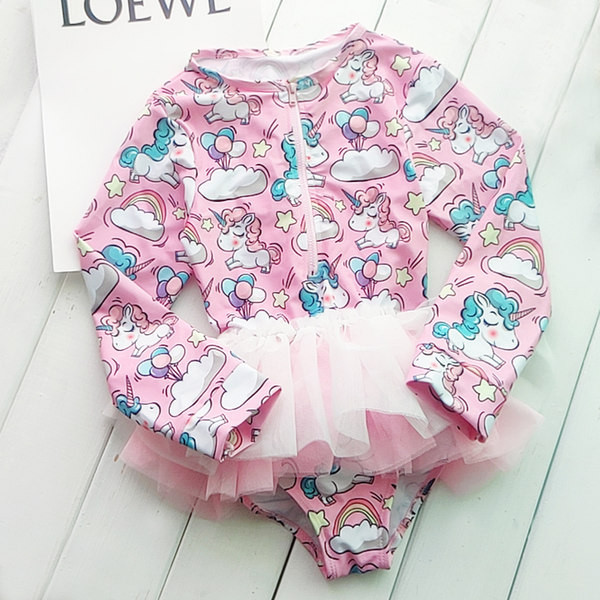 Teljes gyermek fürdőruha hosszú ujjal és tüll lányoknak