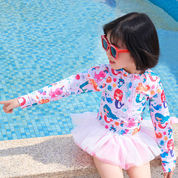 Teljes gyermek fürdőruha hosszú ujjal és tüll lányoknak