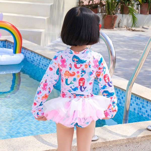 Teljes gyermek fürdőruha hosszú ujjal és tüll lányoknak