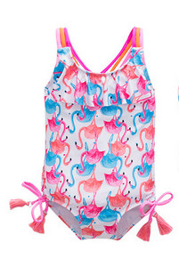 Teljes fürdőruha lányoknak nyakkendővel és flamingómintával