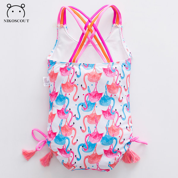 Teljes fürdőruha lányoknak nyakkendővel és flamingómintával