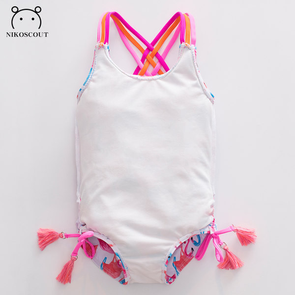 Teljes fürdőruha lányoknak nyakkendővel és flamingómintával