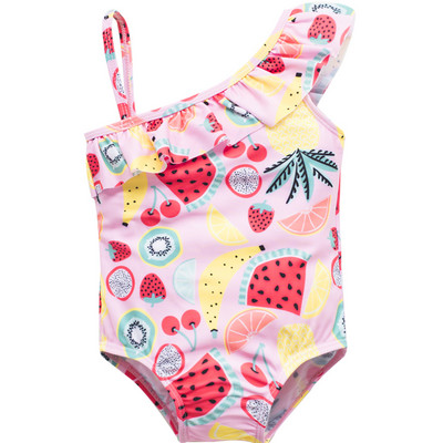 Gyermek teljes fürdőruha fürtökkel és színes nyomattal