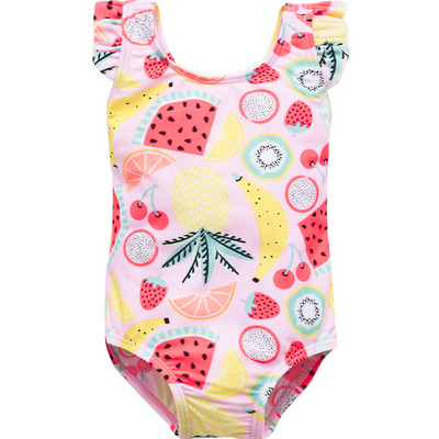 Gyermek teljes fürdőruha fürtökkel és színes nyomattal