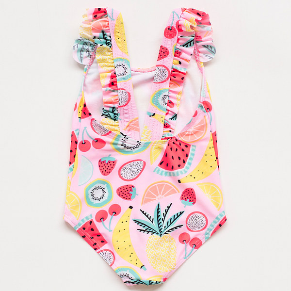 Gyermek teljes fürdőruha fürtökkel és színes nyomattal