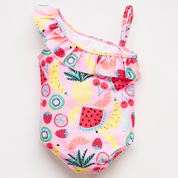 Gyermek teljes fürdőruha fürtökkel és színes nyomattal