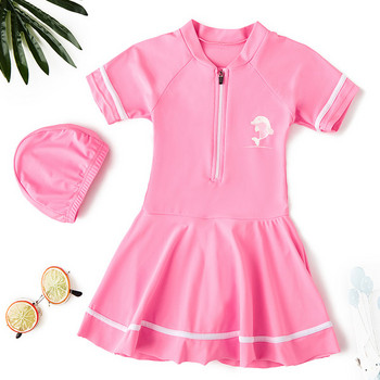 Нов модел детски бански костюм в розов цвят с къс ръкав