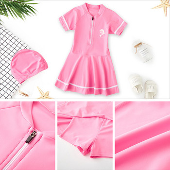 Нов модел детски бански костюм в розов цвят с къс ръкав