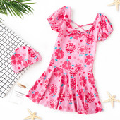 Модерен детски бански тип рокля с цветна щампа за момичета
