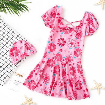 Модерен детски бански тип рокля с цветна щампа за момичета