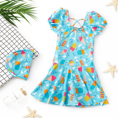 Модерен детски бански тип рокля с цветна щампа за момичета