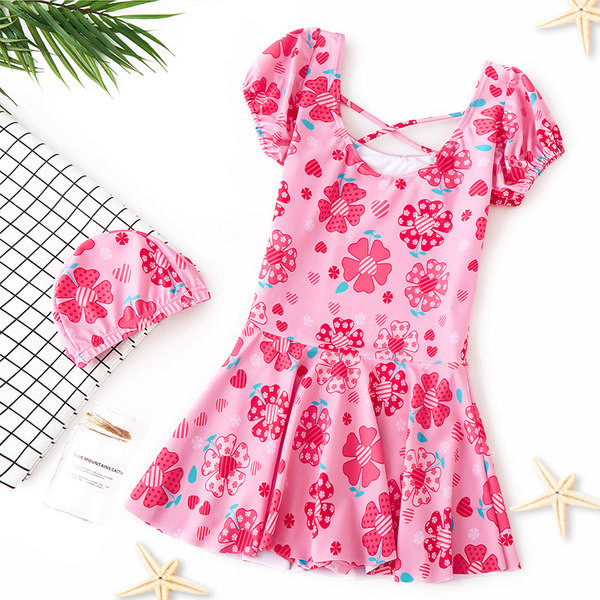 Модерен детски бански тип рокля с цветна щампа за момичета