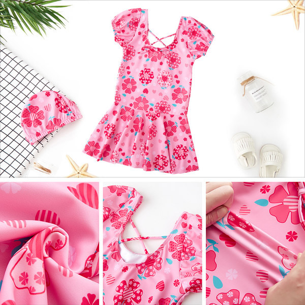 Модерен детски бански тип рокля с цветна щампа за момичета