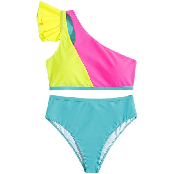 Női fürdőruha kék és rózsaszín színben, két részből áll